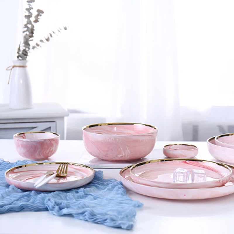 Juego de vajilla de cerámica de mármol rosa para 4 personas, plato de cena, tazón de ensalada de arroz, platos de sopa, juegos de vajilla, herramientas de cocina para cocinar, 14 piezas