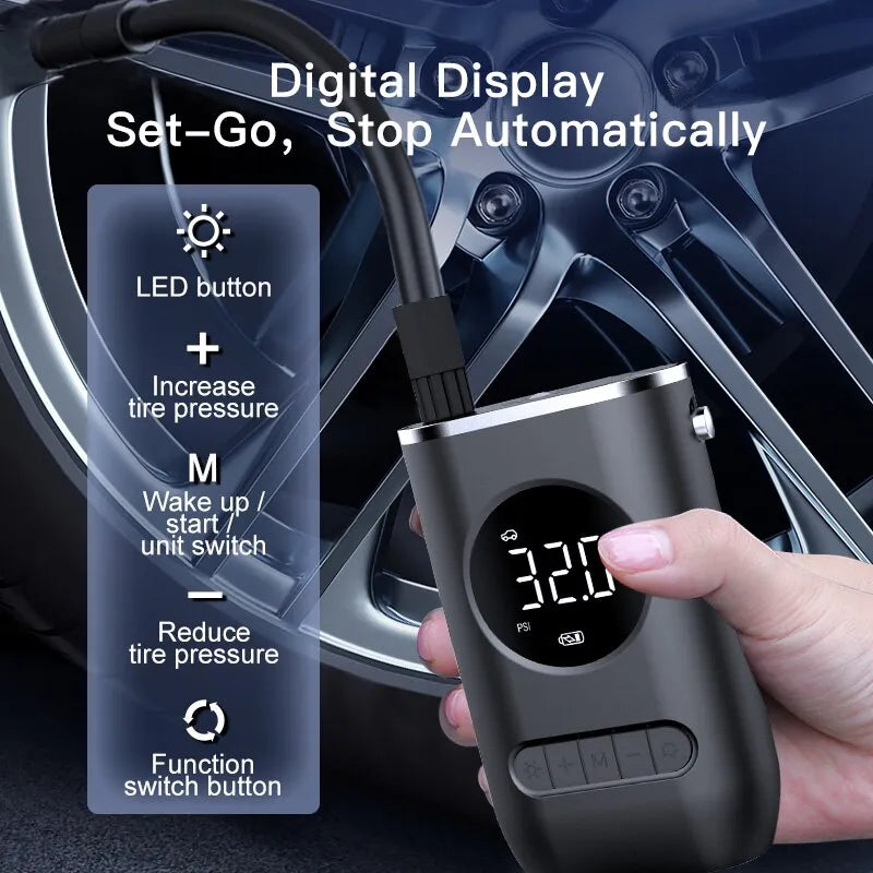 Bomba de aire portátil para coche, Mini bomba de neumáticos eléctrica autopropulsada, de mano, inalámbrica, con pantalla Digital y carga