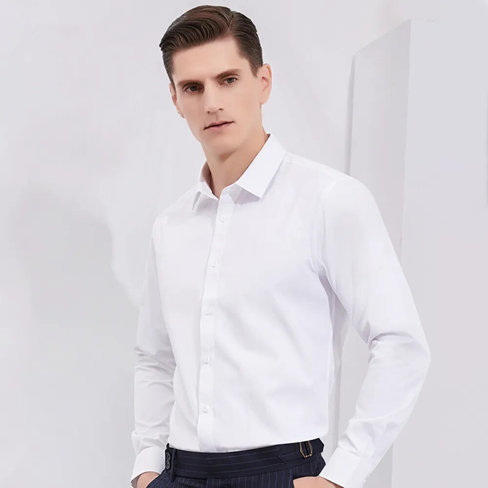 Camisa blanca de fibra de bambú para hombre, camisa de manga larga de ajuste Regular Formal para negocios sociales, talla grande 8XL, 7XL, 6XL, 5XL