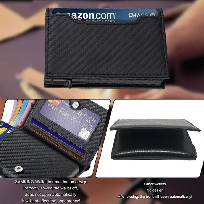 Cartera de cuero de fibra de carbono para hombre, billetera de aluminio y Metal para negocios, bloqueo RFID, 100% cuero genuino, tarjeteros Pop-Up delgados