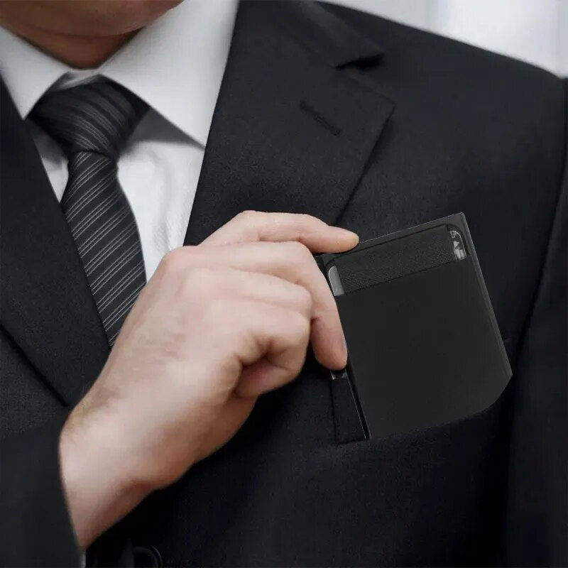 Cartera delgada de aluminio con bolsa trasera elástica, tarjetero de identificación y crédito, Mini billetera RFID, funda de tarjeta bancaria emergente automática