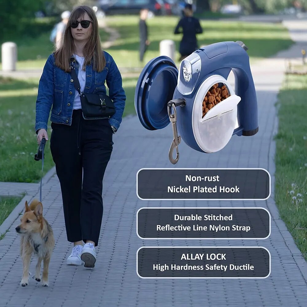 Correa retráctil multifunción para perro pequeño y mediano, con luz Led, bolsa de noche para caca, cuenco de agua, caja de comida, arnés con correas para mascotas