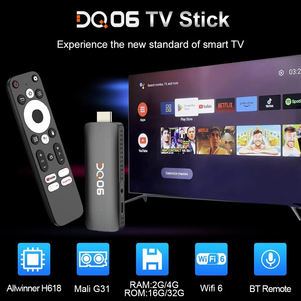 DQ06 ATV Mini TV Stick, Android 12, Allwinner H618, Quad Core Cortex A53, compatible con Video 8K, 4K, Wifi6, BT, control remoto por voz, Smart TV Box