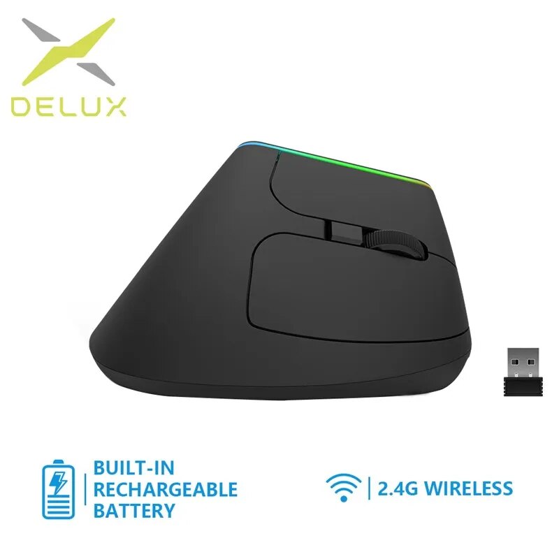 Delux-ratón Vertical ergonómico M618DB, inalámbrico, recargable, 2,4 GHz, RGB, 1600 DPI, para PC y portátil