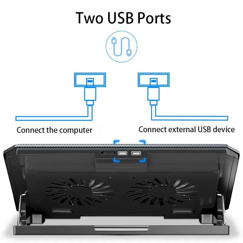 Enfriador de ordenador portátil para videojuegos, soporte silencioso ajustable de gran tamaño para Notebook de 12 a 16 pulgadas, dos almohadillas de refrigeración USB, velocidad del viento