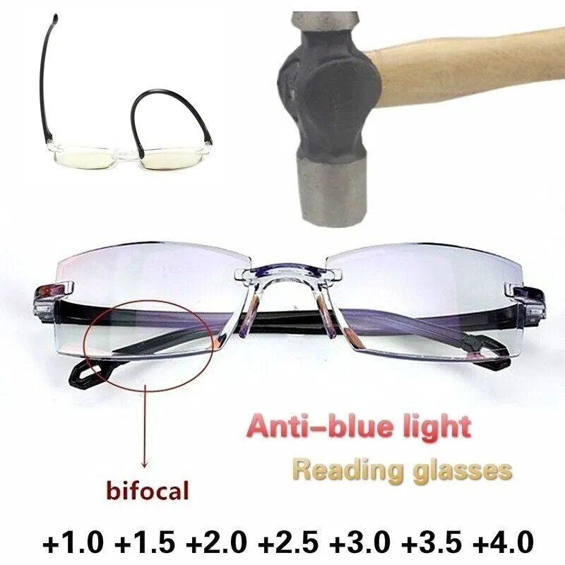 Gafas de lectura sin montura para hombre y mujer, lentes bifocales de aumento cercano y lejano, antiluz azul, para presbicia, + 150 + 200, 2 pares