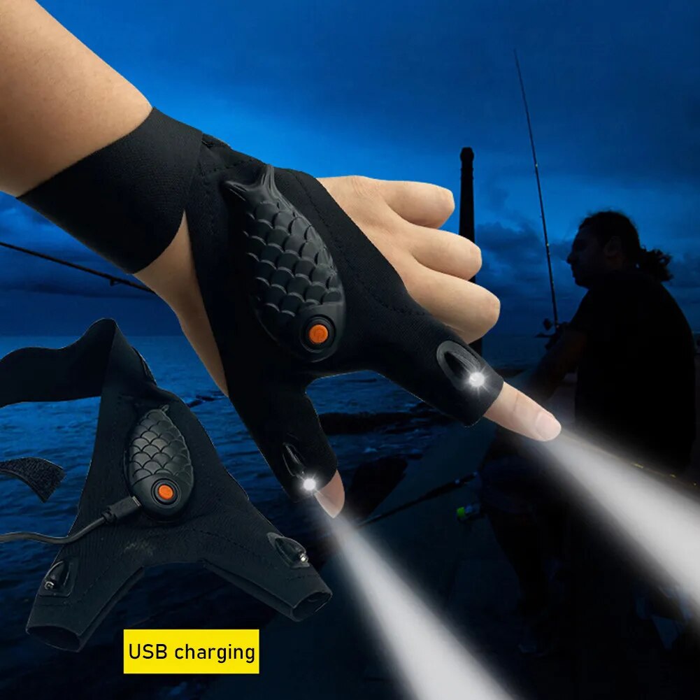 Guantes de linterna recargables, guantes sin dedos, lámpara de dedo de reparación de iluminación LED para pesca nocturna al aire libre, 1 par