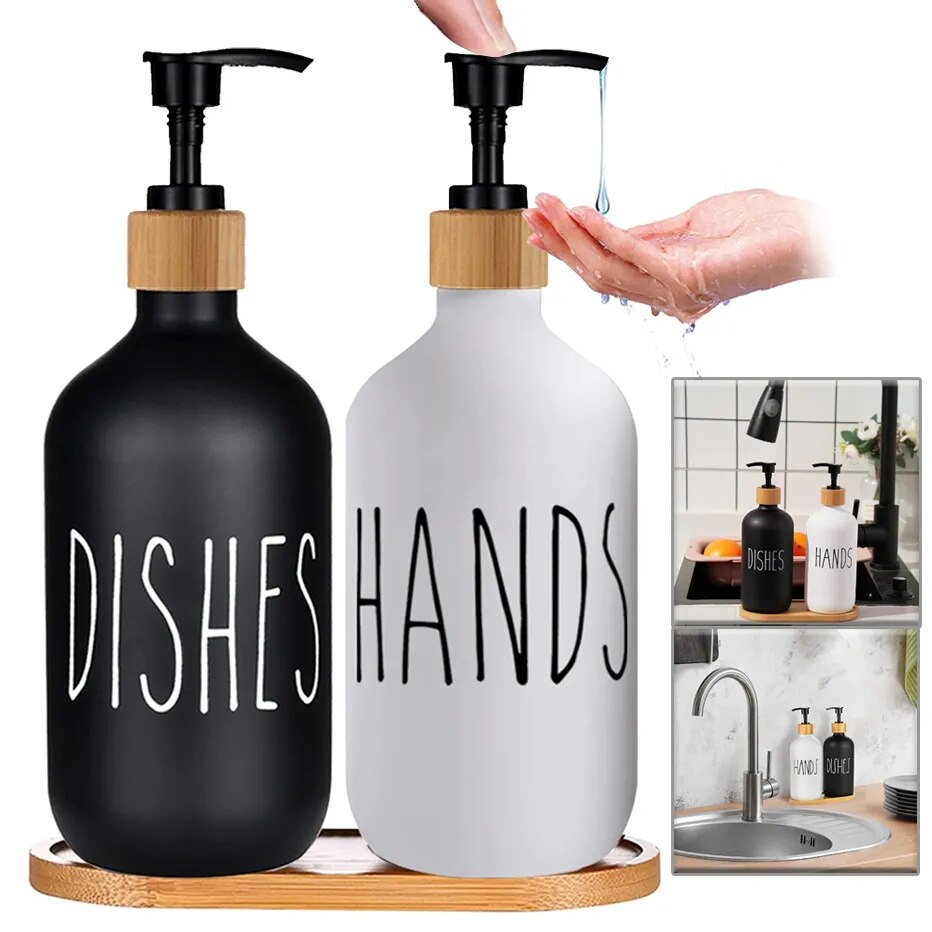 Juego de dispensador de jabón negro para fregadero de cocina, botella de almacenamiento de detergente para manos y platos, botellas rellenables