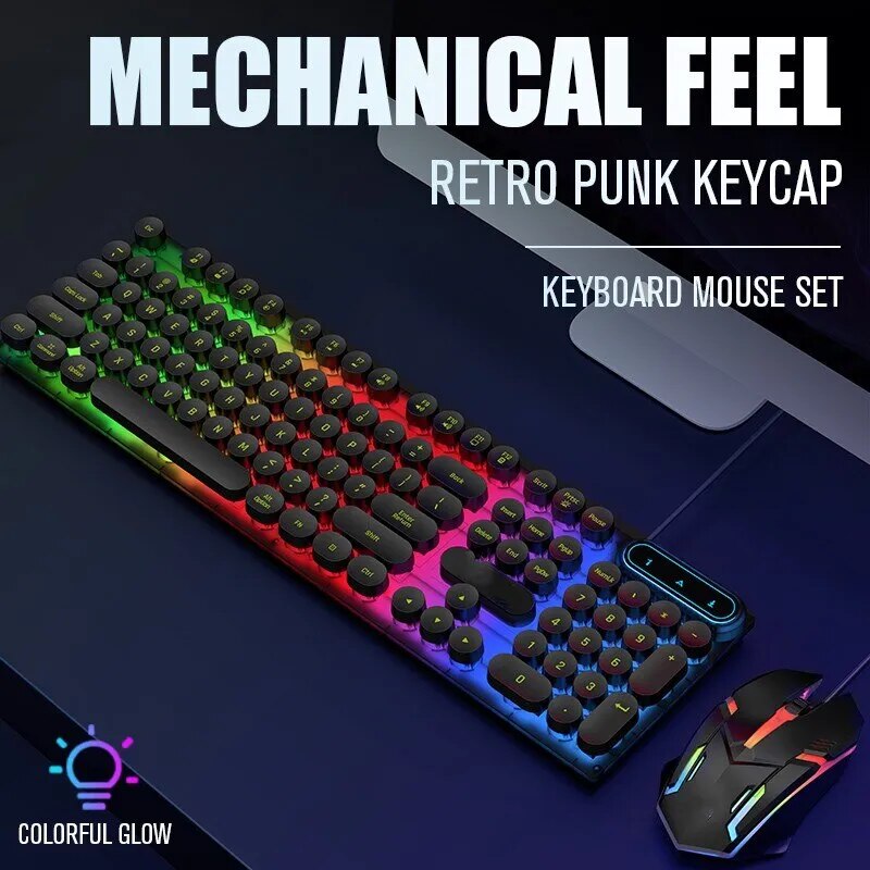 Juego de teclado y ratón para juegos con cable USB, juego de Teclado retroiluminado LED colorido arcoíris para PC, Kit para Gamer en casa y oficina