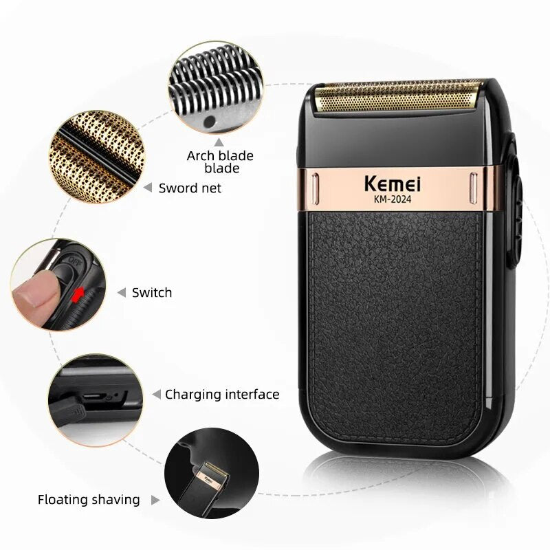 Kemei-Afeitadora eléctrica de doble hoja para hombre, maquinilla de afeitar inalámbrica recíproca, impermeable, recargable por USB, recortadora de barbero
