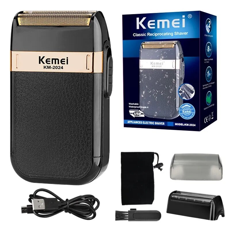 Kemei-Afeitadora eléctrica de doble hoja para hombre, maquinilla de afeitar inalámbrica recíproca, impermeable, recargable por USB, recortadora de barbero