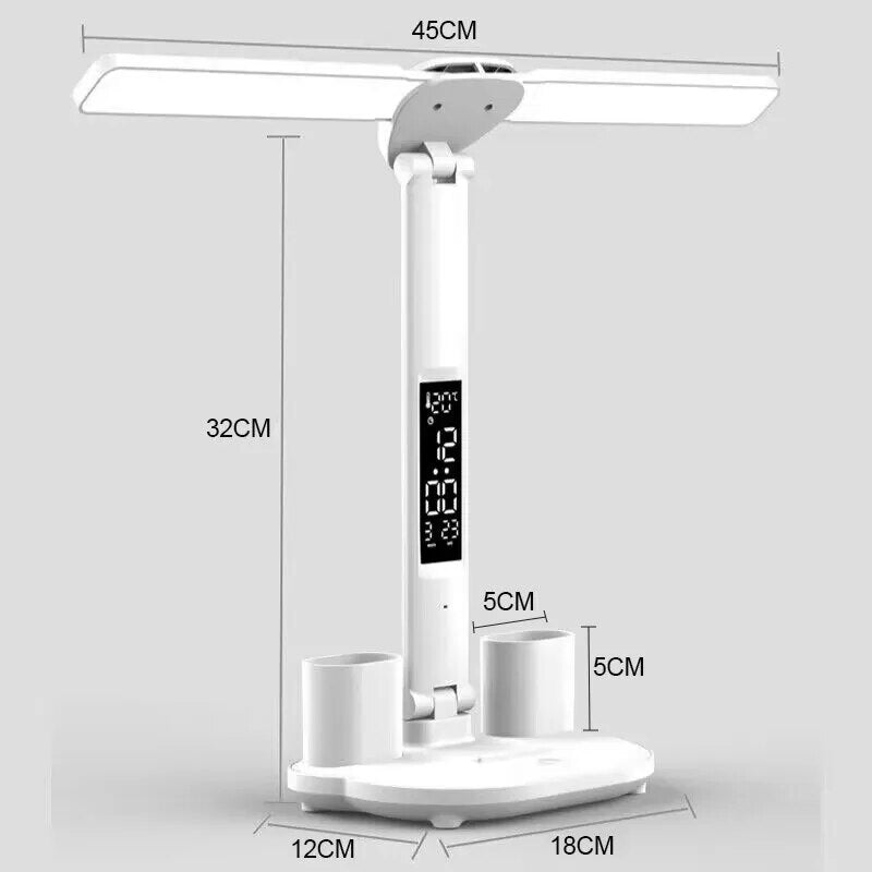 Lámpara de mesa de reloj LED recargable por USB, lámparas de escritorio regulables, 2 cabezales, rotación de 180 grados, protección ocular plegable, luces nocturnas de lectura de escritorio