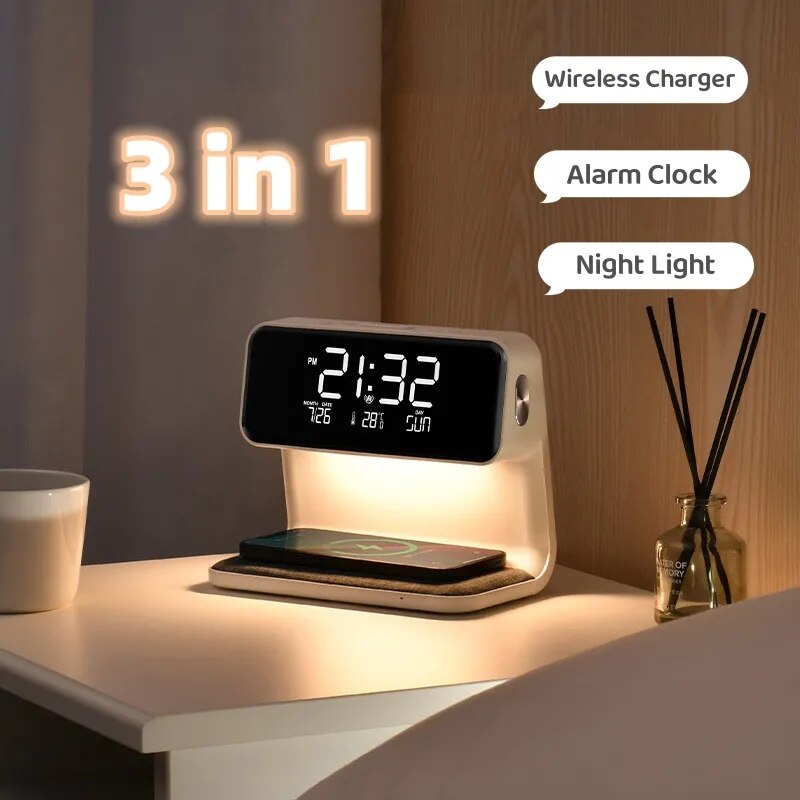 Lámpara de mesita de noche creativa 3 en 1, carga inalámbrica, pantalla LCD, reloj despertador, cargador de teléfono inalámbrico para Iphone