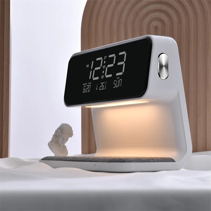 Lámpara de mesita de noche creativa 3 en 1, carga inalámbrica, pantalla LCD, reloj despertador, cargador de teléfono inalámbrico para Iphone