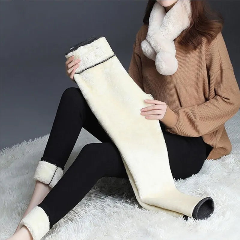 Leggings forrados de vellón para mujer, pantalones de terciopelo de cintura alta para mantener el calor, medias térmicas elásticas, cómodas y sólidas, talla grande, Invierno