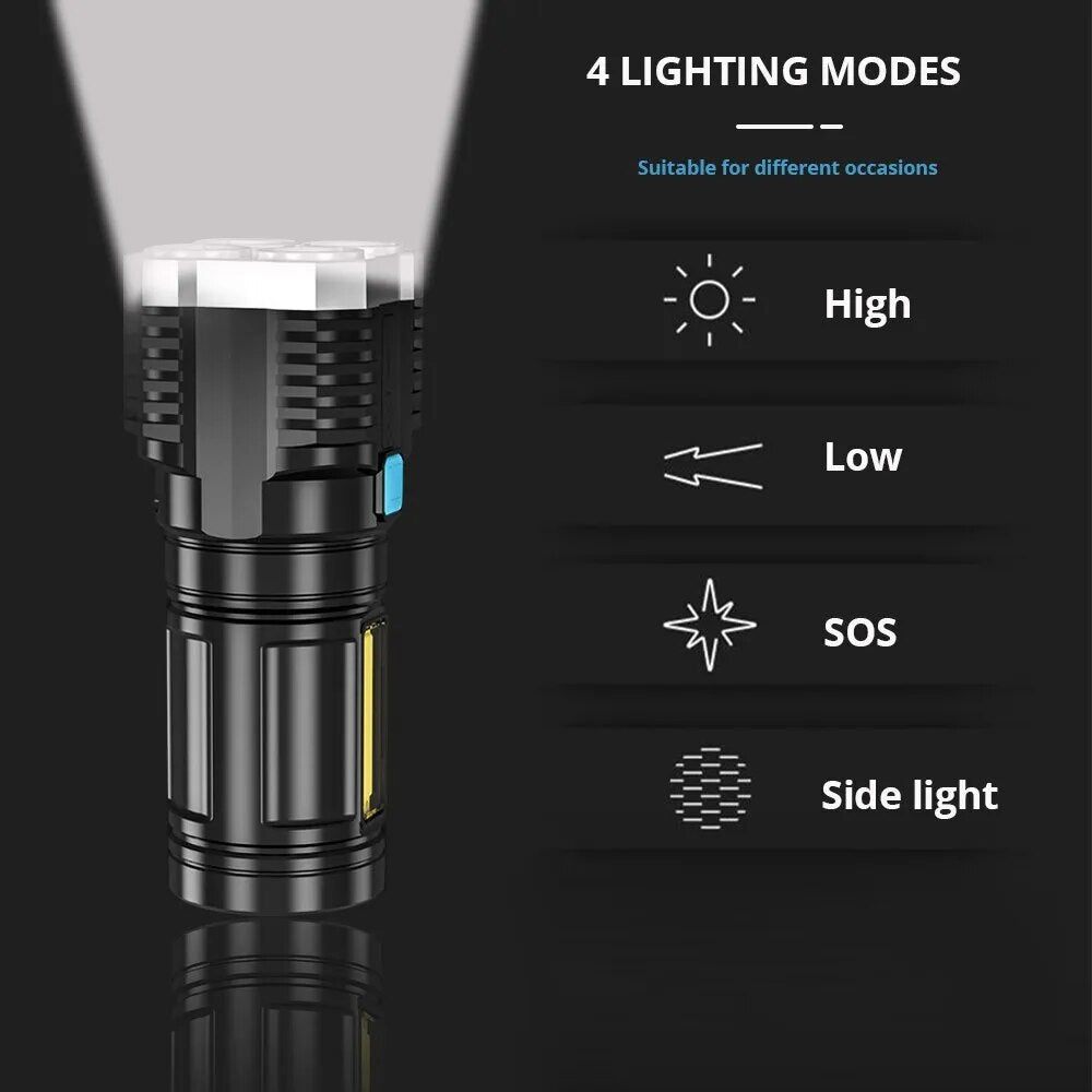 Linternas LED de alta potencia para acampar, Linterna de mano portátil recargable con 4 cuentas de lámpara y luz lateral COB, 4 modos de iluminación