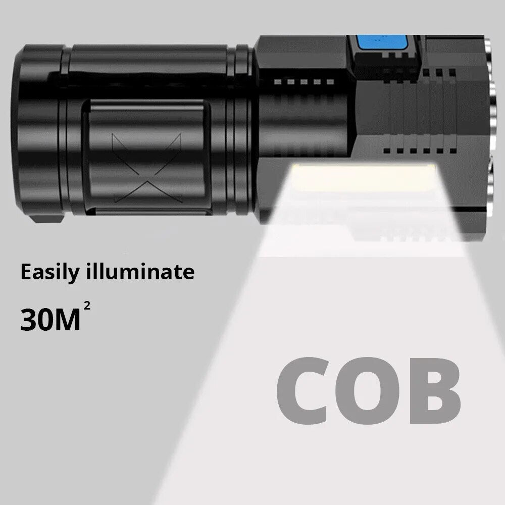 Linternas LED de alta potencia para acampar, Linterna de mano portátil recargable con 4 cuentas de lámpara y luz lateral COB, 4 modos de iluminación