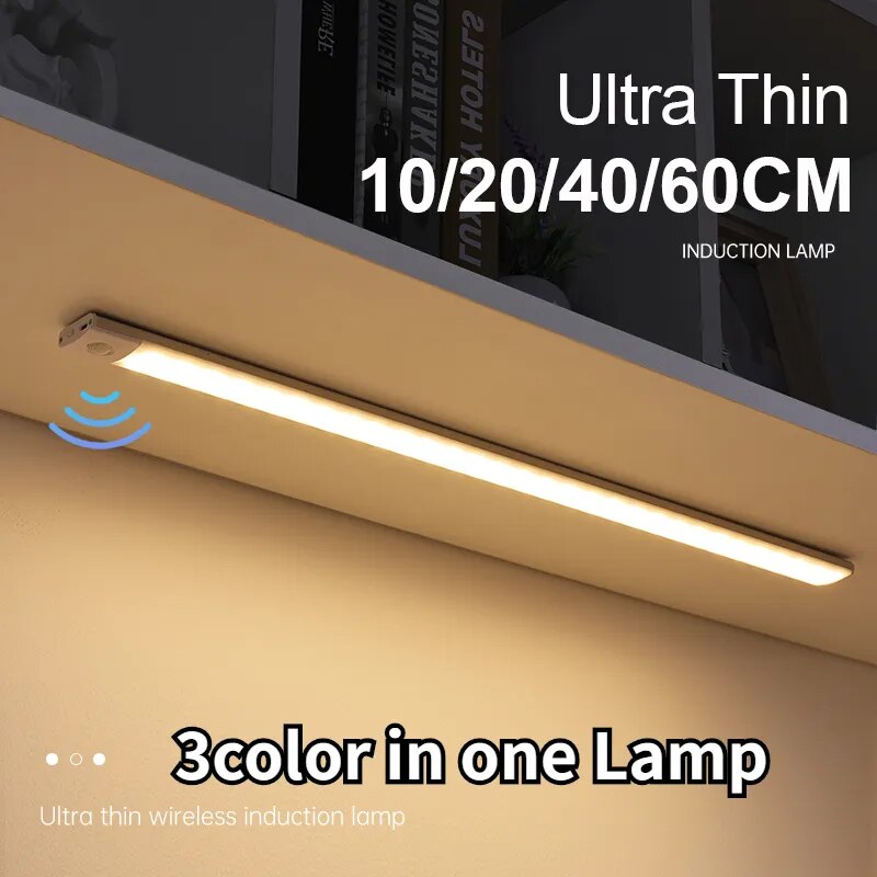 Luz nocturna con Sensor de movimiento, luz inalámbrica por USB para debajo del gabinete, dormitorio, armario, iluminación interior, lámpara de 3 colores en uno
