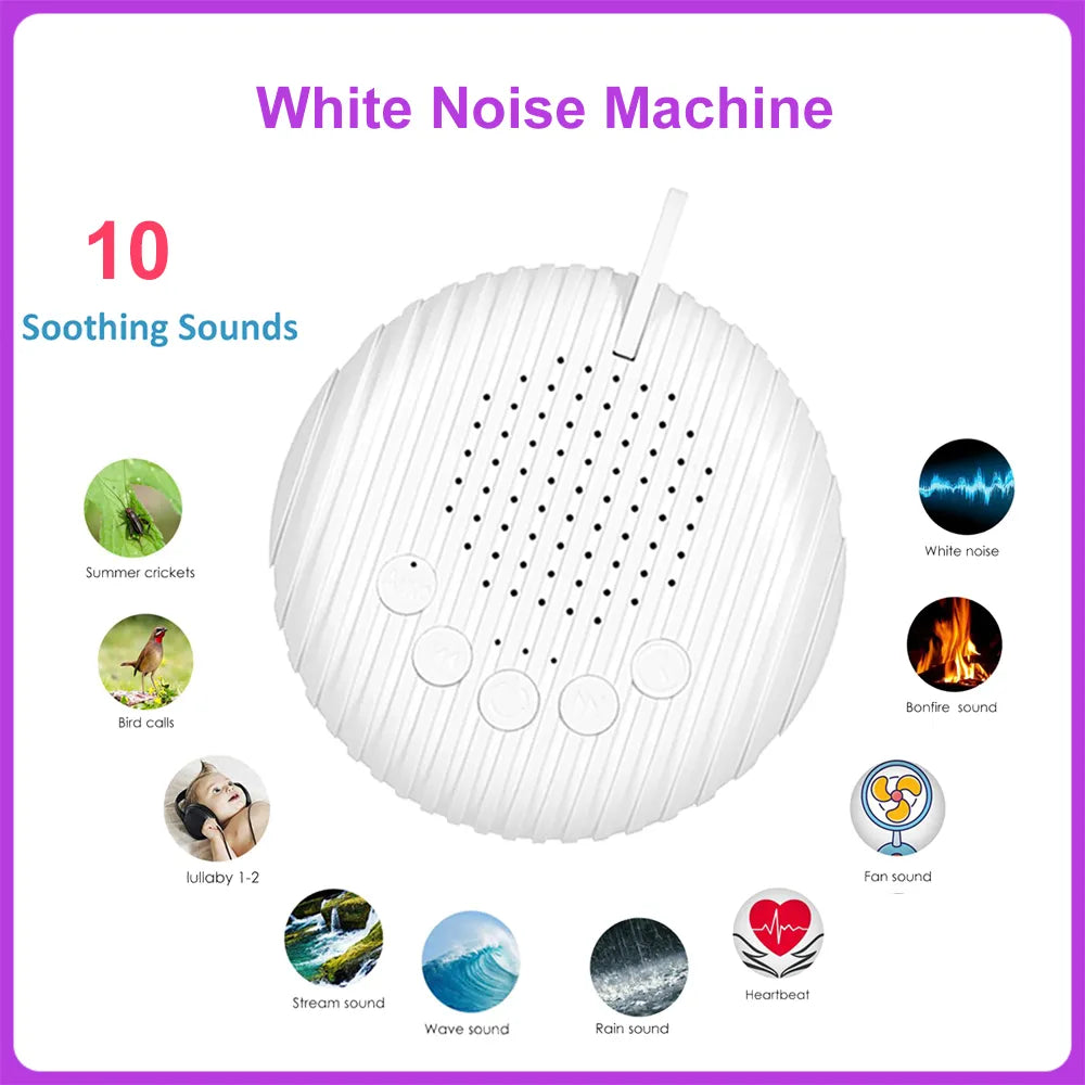 Máquina de sonido de ruido blanco portátil para bebés, 10 sonidos calmantes, volumen ajustable, batería recargable integrada, USB