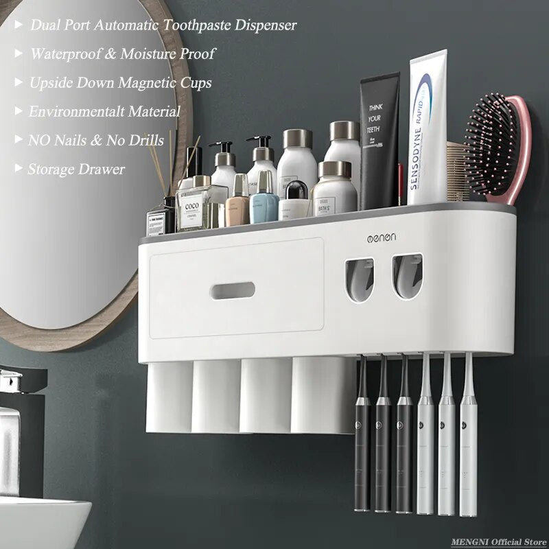 MENGNI-soporte de cepillo de dientes invertido de adsorción magnética, exprimidor automático de pasta de dientes, estante de almacenamiento, accesorios de baño
