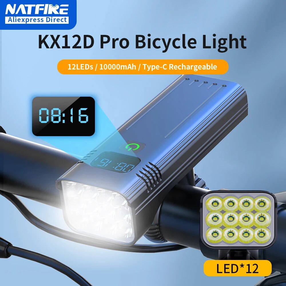 NATFIRE-Luz LED de aluminio para bicicleta de montaña, Faro de 4800 lúmenes, recargable por USB C, batería externa de 10000mAh, 6 a 12 LED