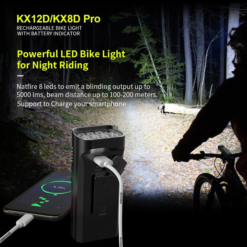 NATFIRE-Luz LED de aluminio para bicicleta de montaña, Faro de 4800 lúmenes, recargable por USB C, batería externa de 10000mAh, 6 a 12 LED