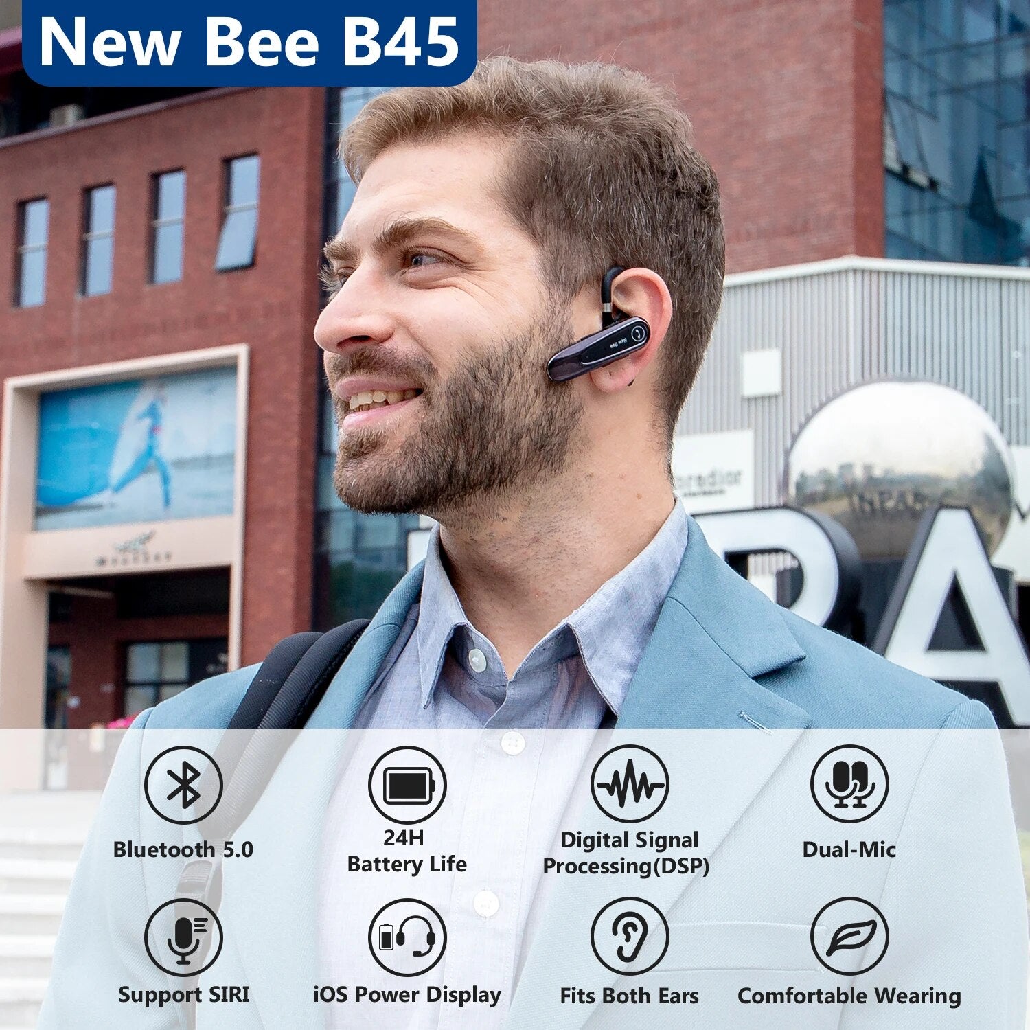 New Bee-auriculares inalámbricos B41 V5.0, cascos manos libres con  micrófono y cancelación de ruido para iPhone y xiaomi, 24 horas de  conversación - AliExpress