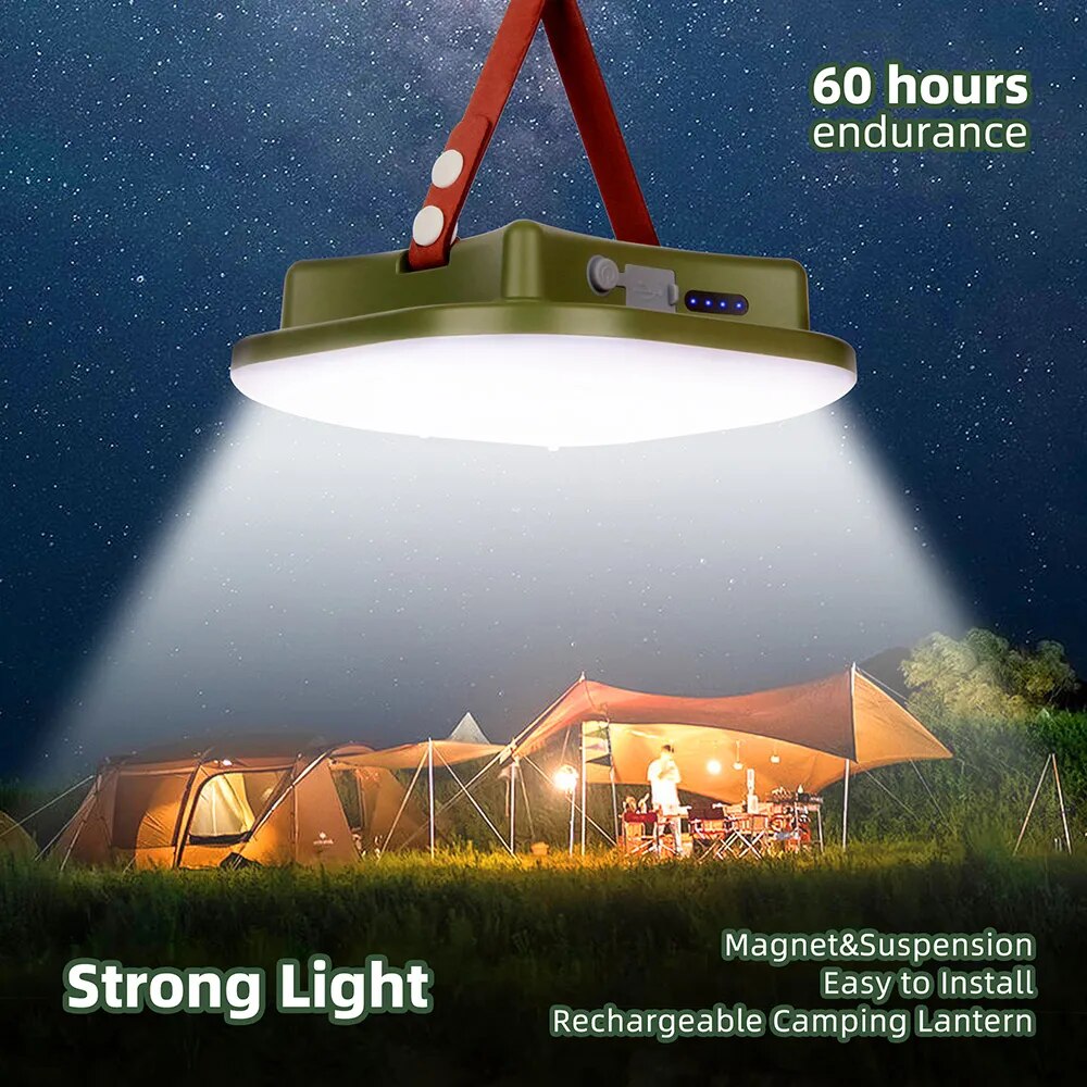 Nueva actualización 15600maH 80W USB Recargable LED Camping Super Light con imán Ajuste el brillo de la luz a voluntad Antorcha portátil de emergencia Luz de tienda Mantenimiento de trabajo Iluminación de luz de pesca