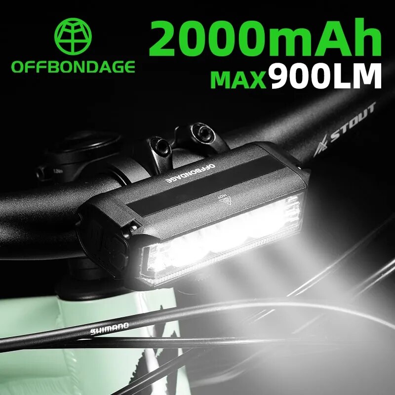 OFFBONDAGE-luz delantera para bicicleta de montaña, lámpara de 900 lúmenes, 2000mAh, resistente al agua, con carga USB