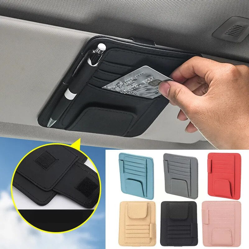 Organizador de visera solar para coche, soporte para gafas de sol con múltiples bolsillos, almacenamiento para tarjetas de visita, accesorios para Interior de coche