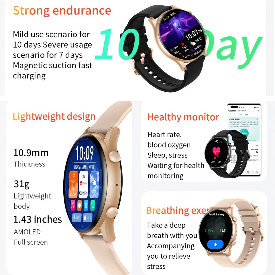 PLUXURY-reloj inteligente para hombre y mujer, accesorio de pulsera resistente al agua IP67 con seguimiento de actividad deportiva, llamadas, Bluetooth, Pantalla AMOLED de 1,45 pulgadas, nuevo