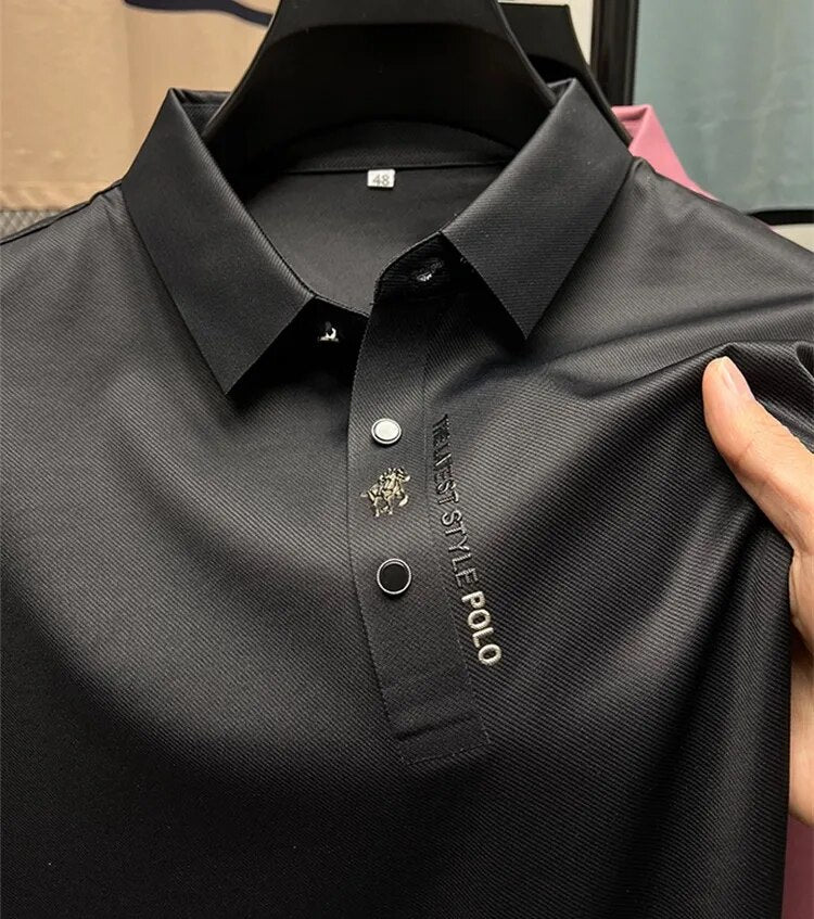 Polo de marca de gama alta para hombre, camiseta transpirable de seda de hielo, manga corta, moda de verano, bordado, negocios, informal, sensación fresca