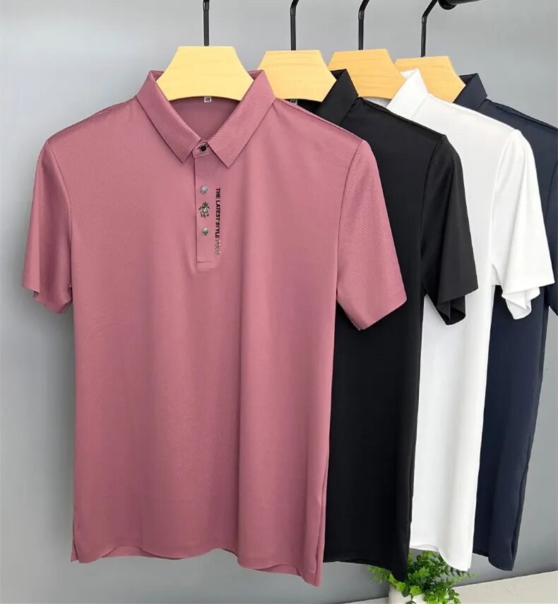 Polo de marca de gama alta para hombre, camiseta transpirable de seda de hielo, manga corta, moda de verano, bordado, negocios, informal, sensación fresca