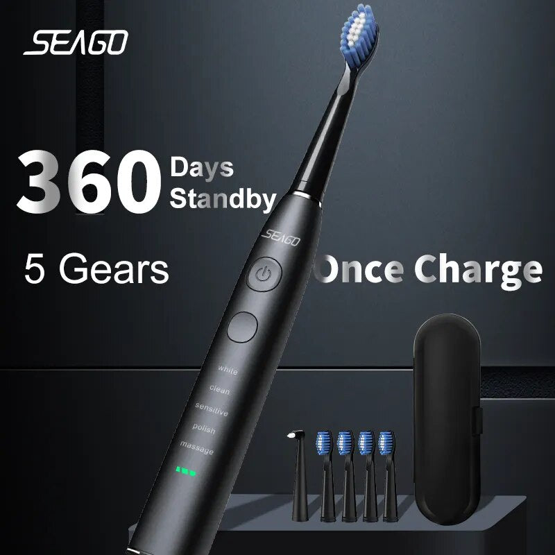 Seago-cepillo de dientes eléctrico sónico para adulto, SG-575 recargable por USB, resistente al agua, regalo de cabezales de repuesto de cepillo de dientes electrónico