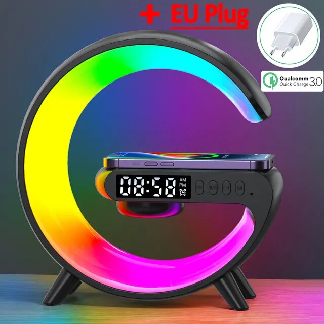 Cargador inalámbrico multifunción, soporte de altavoz, TF, RGB, luz nocturna, 15W, estación de carga rápida para iPhone, Samsung, Xiaomi, Huawei