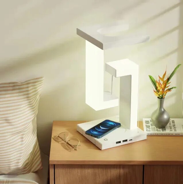 Lámpara LED de noche antigravedad con cargador inalámbrico, Multifunc lámpara de escritorio, regulable, decoración de dormitorio, 10W