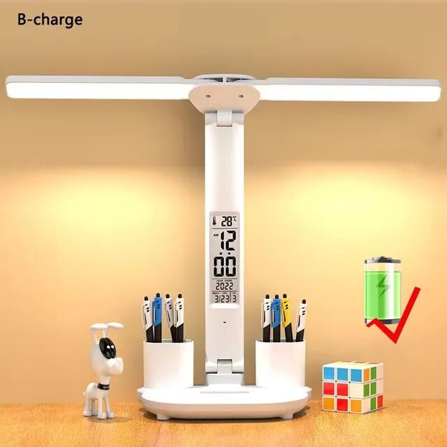 Lámpara de mesa de reloj LED recargable por USB, lámparas de escritorio regulables, 2 cabezales, rotación de 180 grados, protección ocular plegable, luces nocturnas de lectura de escritorio