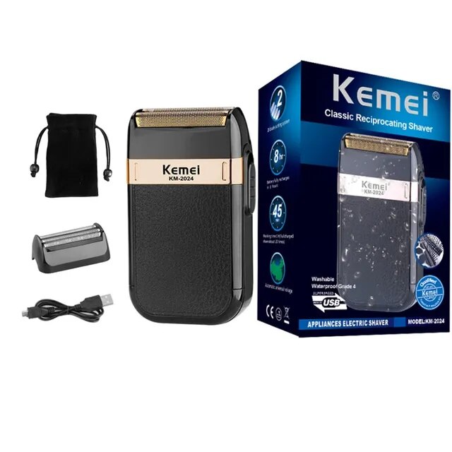 Kemei-Afeitadora eléctrica de doble hoja para hombre, maquinilla de afeitar inalámbrica recíproca, impermeable, recargable por USB, recortadora de barbero