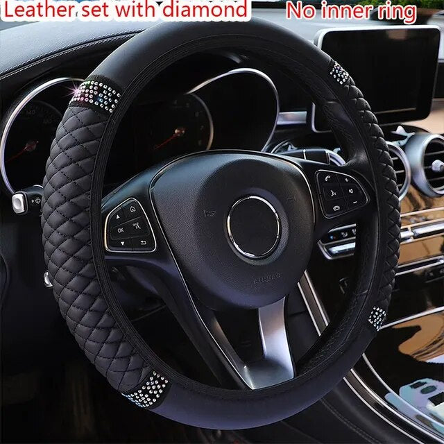 Funda para volante de coche sin anillo interior, cuero tridimensional bordado de Color con diamantes incrustados, transpirable, 37-38cm