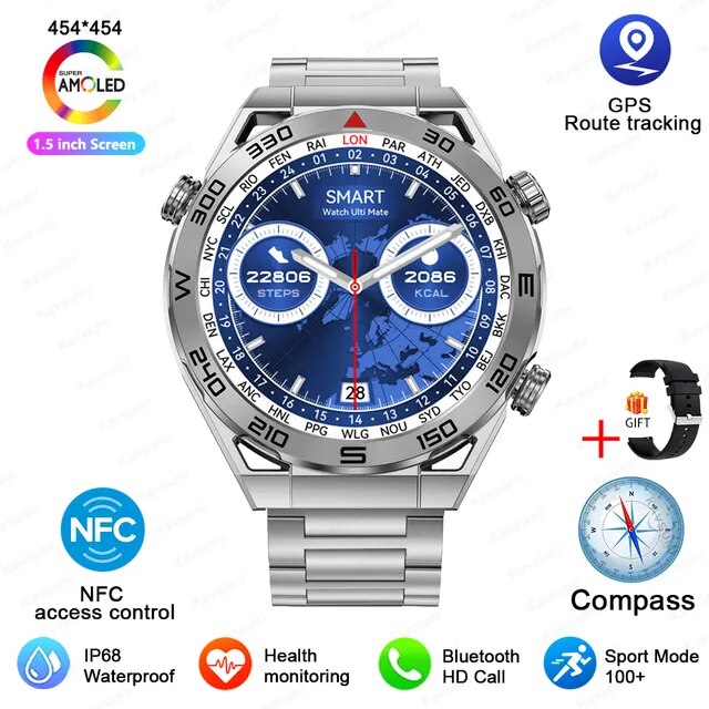 Reloj inteligente NFC para hombre, pulsera con pantalla completamente táctil, Bluetooth, llamadas, GPS, seguimiento de brújula, IP68, frecuencia cardíaca, ECG, 1,5 pulgadas, para Apple y Samsung